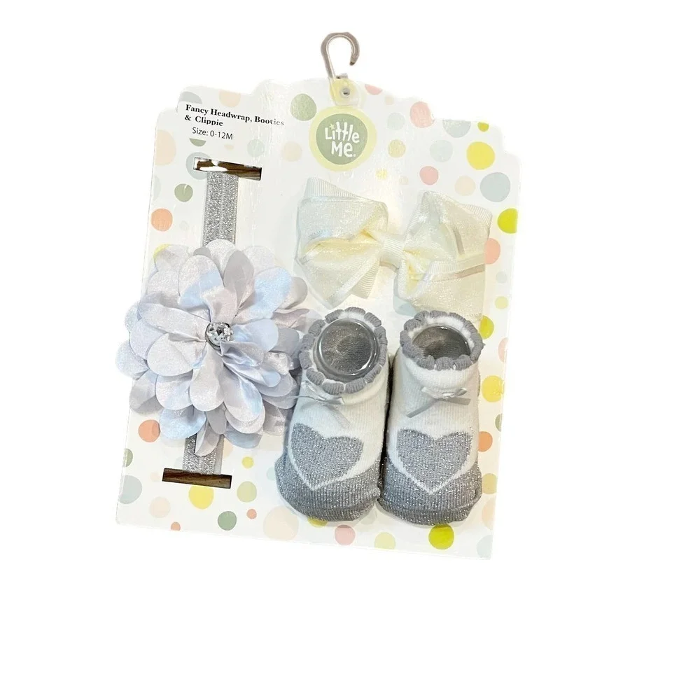 NEW Little Me Fancy Headwrap, Booties & Bow Clippie Gift Set Gray 0-12 Months